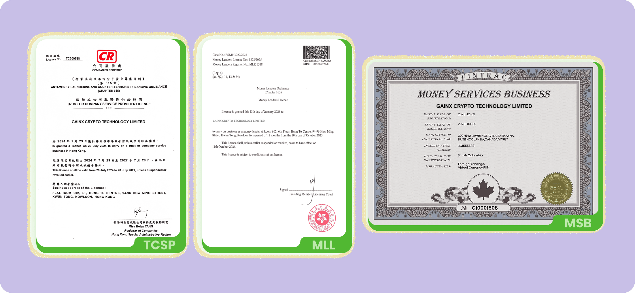 GAINX CRYPTO TECHNOLOGY LIMITED Regulatory Licenses